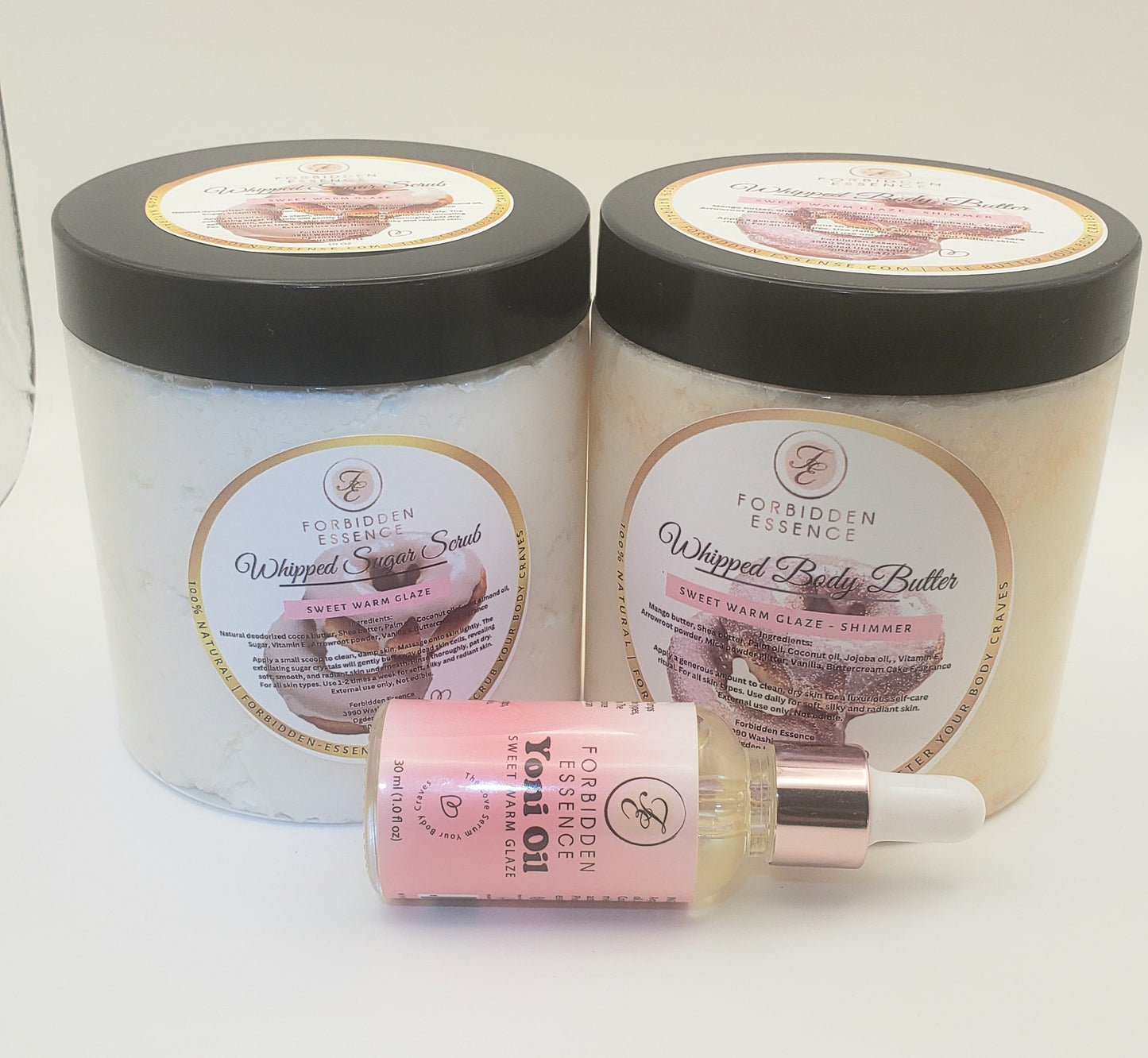 (1) yoni oil+ (1) 10 oz whipped body butter+(1) 10 oz sugar scrub bundle